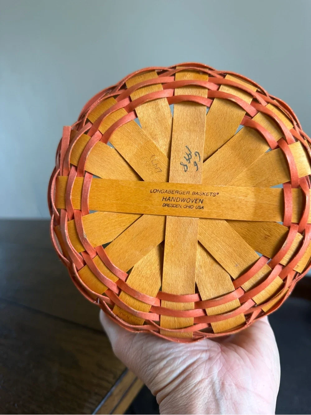Longaberger Woven Basket With Red Trim And Bottom With Handle Marked Signed